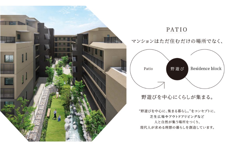エンブル・パーク＆レジデンス駿河池田 スノーピーク監修の中庭がある日常。野遊びを中心に集まる暮らし。