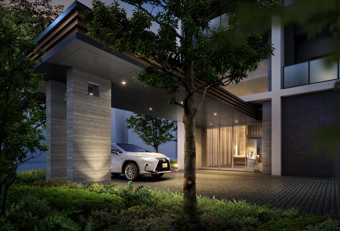 シティタワー名駅那古野 大きな庇がレジデンスの風格を物語る。 ホテルライクな車寄せを配した迎賓のエントランス。