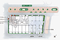 [敷地配置イラスト] 横浜新道から一本奥に入った静かで落ち着いた住宅街。四方接道の利点を生かし、開放的な住戸配置としました。また、外からの視線を遮る内側共用廊下を採用、吹抜を設けることにより採光にも配慮しています。