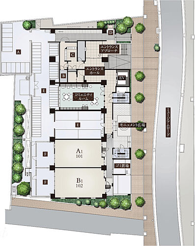 ワコーレ王子公園ミュージアムロード 敷地配置図・1階平面図イメージイラスト