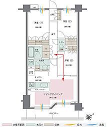 [I] 【AIRY TERRACE】
◎洋室（3）を開放すれば約16.7畳の広いリビングダイニングに。
◎廊下に収納力の高い物入を設置しました。
◎リビングと廊下からアクセスできる２WAYの洋室（3）。
◎リビングダイニングとの一体感を高めた対面カウンターキッチン。
※リビング・ダイニングの帖数表記については、リビング・ダイニングの扉より内側の面積からキッチンの面積を差し引いたもので算出しております。