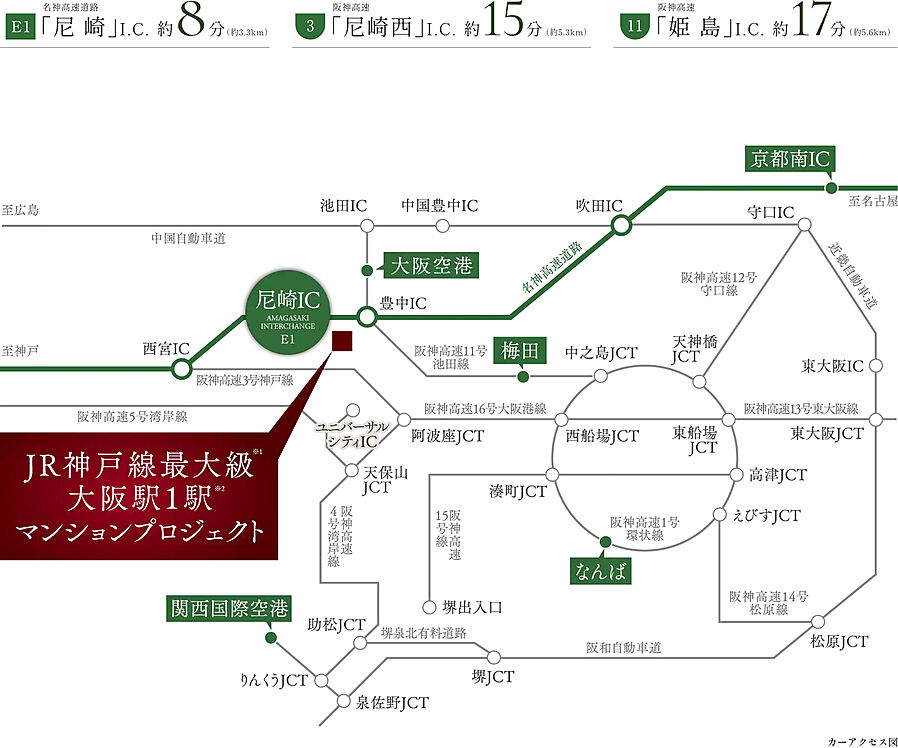 JR神戸線最大級※１大阪駅１駅※2 マンションプロジェクト：交通図