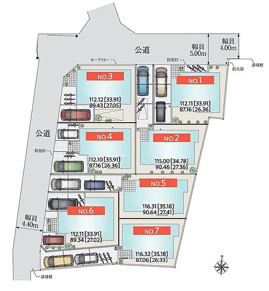 【全体区画図】
敷地面積112m2超！伸びやかな区画が広がるニュータウンが全7棟で登場。低層住居専用地域ならではの穏やかな住環境です。全棟2台の駐車スペースに対応(車種による)！カーライフも楽しめそう