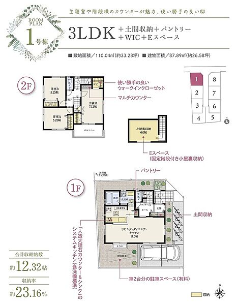 1号棟
価格：5810万円／間取り：3LDK／土地面積：110.04m2／建物面積：87.89m2