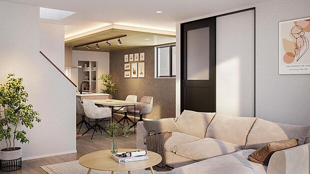 【LDK/2号棟】
キッチンとダイニングが横並びで統一感あるレイアウト。キッチンを中心に脱衣所~パントリー~ダイニングや納戸を回遊でき、家事効率の良い動線を描きます。※完成予想CG