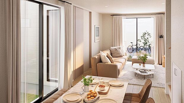 【LDK/3号棟】
大きな窓の外にはテラスや中庭が広がり、プライベートアウトドア空間に。ガーデニングやBBQを楽しんだり、お子様が遊ぶ様子をLDKから見守ることもできます。※完成予想CG