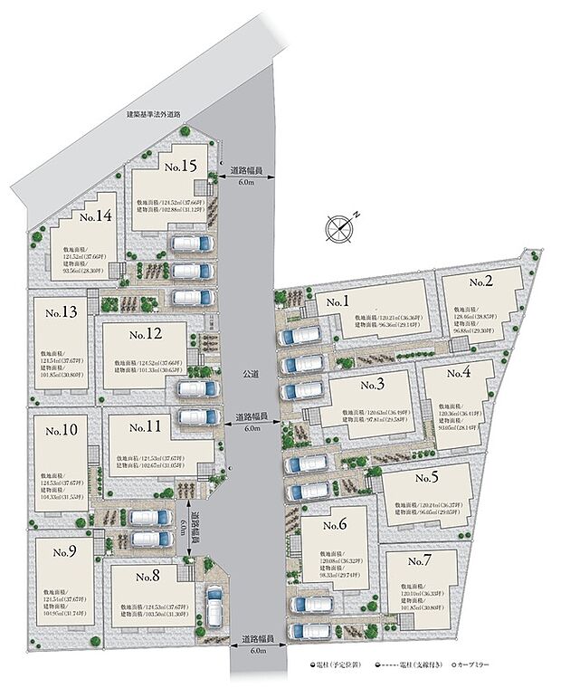 【区画図】敷地120m2超~×道路幅は約6mでゆったり!低層住居専用地域ならではの緑豊かで穏やかな住環境ながら、買い物や教育、医療施設などが徒歩圏内で完結!バランスの良い住環境が魅力のロケーション