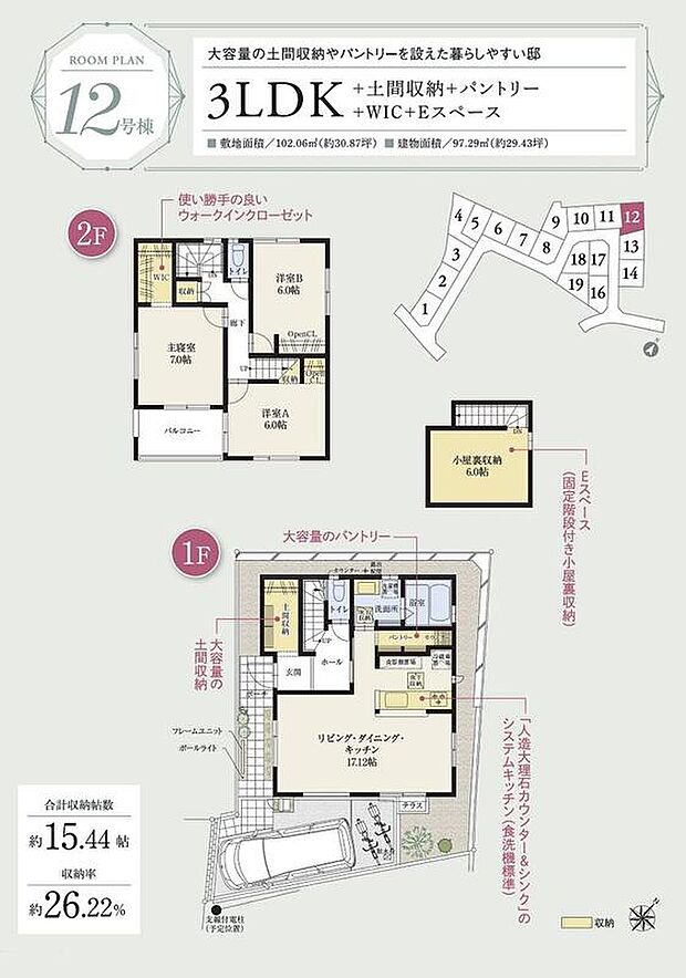 【3LDK】☆ 12号棟のPOINT ☆
●土間収納は可動棚やハンガーパイプを備えゆったり。
●LDKは南を含む3面採光!対面キッチン背面にパントリー付き。
●2階3洋室はすべて2面採光で風通し良好。