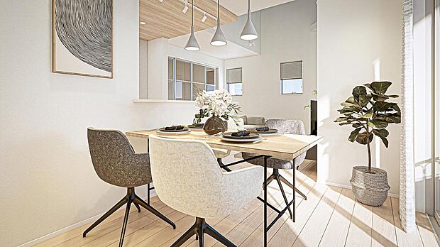 【【3号棟/LDK完成予想図】】テラスに面したダイニングは、自然光がお料理をより彩り良く演出してくれます。リビングと洋室Cが隣接し、19帖超の大空間として一体利用も◎抜け感のある間仕切り引戸が開放感を添えています。