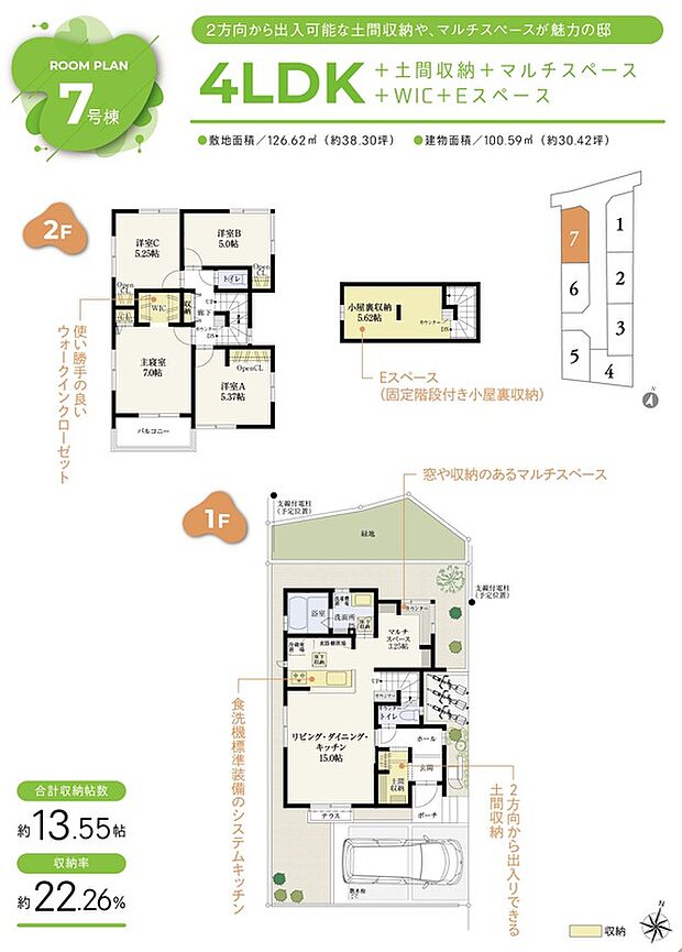 【4LDK】☆ 7号棟のＰＯＩＮＴ ☆
●3.25帖のマルチスペースは、窓や収納付き。
●2階に振り分けタイプの4室が配された間取り。
●土間収納は2WAY仕様で、動線がスムーズです。