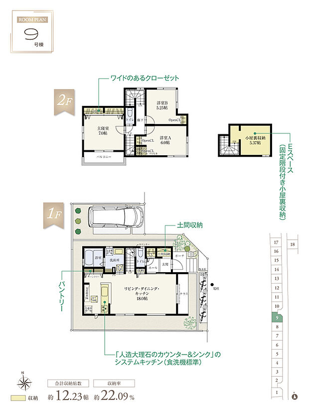 【3LDK】☆ 9号棟のPOINT ☆
●土間収納とCLを横並びで設け、お出掛け用品の保管等に便利。
●キッチンはリビングやダイニングのご家族に声を掛けやすい対面式。
●2階3洋室は振り分けタイプ×収納付き。