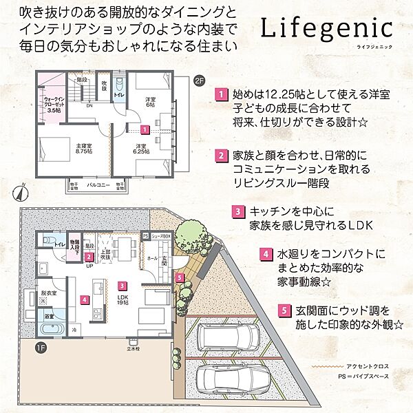 間取・外構植栽図は設計図書を基に描き起こしたもので実際とは多少異なる場合があります。 1階の家具は価格に含まれますが、それ以外の家具・家電・備品・車等は価格に含まれません。