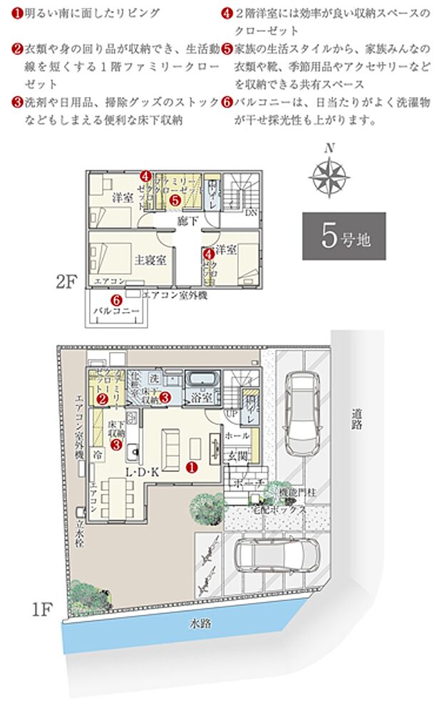 ［5号地 プラン図］※図面に基づいて描いているのでプラン及び外構・植栽については、実際とは多少異なる場合があります。また、車・家具・家電・備品等は販売価格に含まれません。