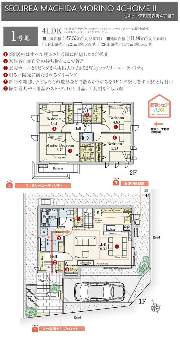［1号地 プラン図］※図面に基づいて描いているのでプラン及び外構・植栽については、実際とは多少異なる場合があります。また、車・自転車・家具・家電・備品等は販売価格に含まれません。