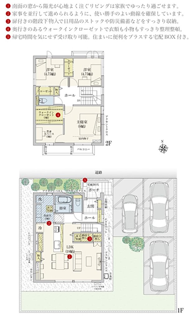 [1号地 プラン図] 間取・外構植栽図は設計図書を基に描き起こしたもので実際とは多少異なる場合があります。 家具・家電・備品・車・自転車等は価格に含まれません。