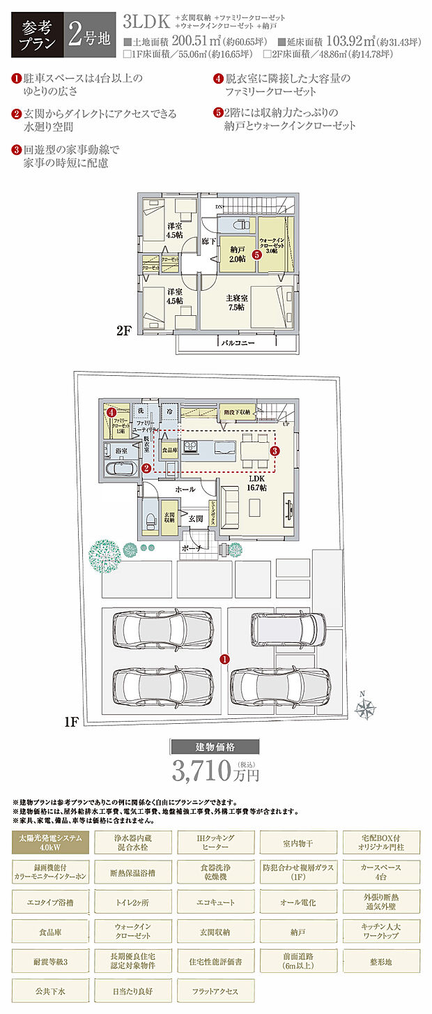 【2号地 建物プラン例（間取り図）】［参考プラン］※建物プランは参考例であり、購入者はこのプランに関係なく、自由にプランニングできます。