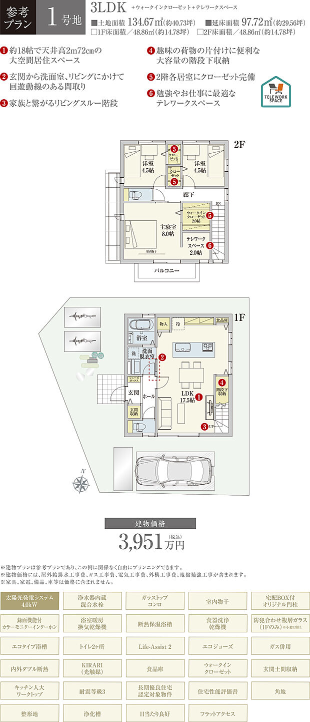 【1号地 建物プラン例（間取り図）】［参考プラン］※建物プランは参考例であり、購入者はこのプランに関係なく、自由にプランニングできます。