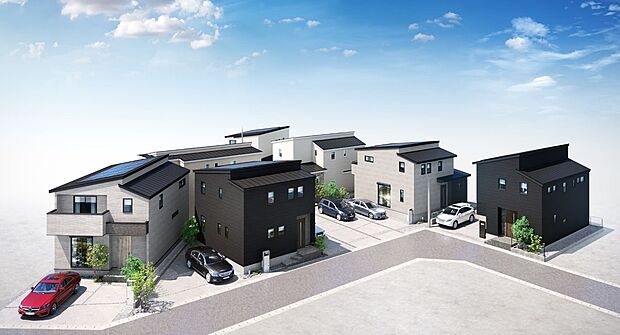 外観画像:モダンな木造2階建てが並ぶ新築分譲の街並み。各棟に駐車スペースがあり、屋根に太陽光パネルを備えた住戸も見られる整然とした景観です。植栽が配され、穏やかな暮らしを想わせる佇まいです。