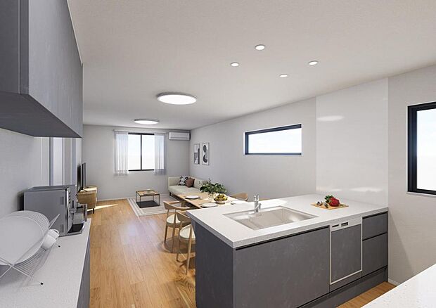 キッチンからの見守りがしやすく、料理をしながら家族の会話が弾むリビングダイニング。 ※設計図をもとに描き起こしたもので、実際とは異なる場合があります。また、掲載の具調度品等は実際にはございません。