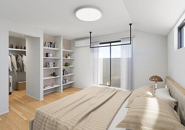 大型のウォークインクローゼットとオープン棚を完備した主寝室。 ※設計図をもとに描き起こしたもので、実際とは異なる場合があります。また、掲載の具調度品等は実際にはございません。