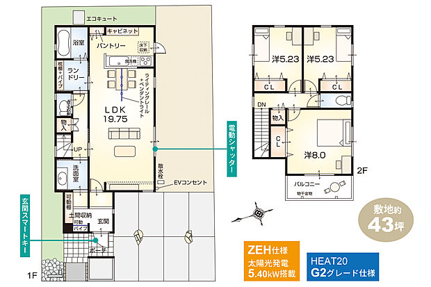 【4号地/間取り図】南側を庭スペースに面した19.75帖LDK！玄関から洗面、ランドリーへつながる、快適便利な動線もポイントです。