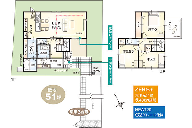 【3号地モデルハウス・間取り】子育てや家事のしやすさを考えた、玄関土間収納～洗面・ランドリー～キッチンへとつながる、スムーズな動線の住まいです。