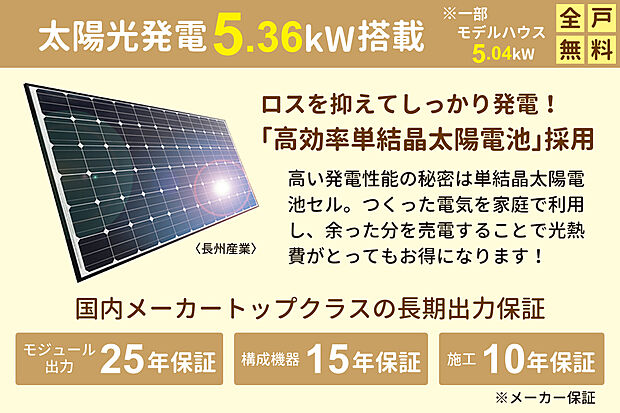 【太陽光発電5.36kw搭載】ロスを抑えてしっかり発電！「高効率単結晶太陽電池」採用。高い発電性能の秘密は単結晶太陽電池セル。つくった電気を家庭で利用し、余った分を売電することで光熱費がとってもお得になります。