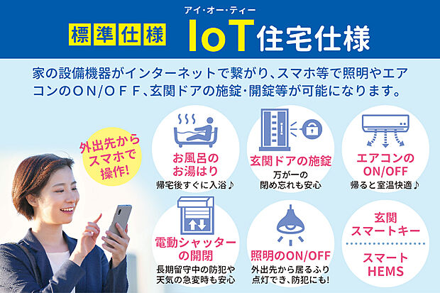 【【全戸標準】ヤング開発のIoT住宅仕様】例えば帰宅に合わせて外出先からお風呂のお湯張りをすれば、帰宅後すぐに入浴。鍵の掛け忘れ確認＆施錠もスマホでOK。そんな安心快適な暮らしを実現。家電や照明等も遠隔操作できます。