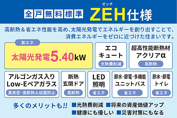【光熱費がゼロに近づく【ZEH仕様】付】大容量の太陽光発電付！高性能断熱材やLow-Eペアガラス等で断熱性・気密性が高い住まい！省エネで健康・環境に優しい暮らしを実現します。