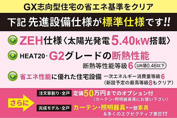 【【先進設備仕様が全戸無料標準】】全戸・太陽光発電搭載のZEH仕様!さらに、ZEHを超えた断熱性の【HEAT20・G2グレード仕様】!高性能で質の高い住まいを実現します。