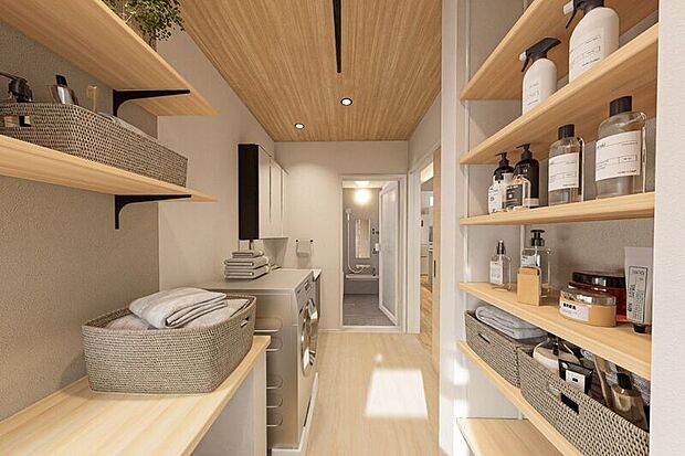 洗濯物を畳んですぐにしまえるリネン庫。タオルや下着、洗剤などをまとめて収納し、入浴後の動線もスムーズに。可動棚で物の高さに合わせられます。
