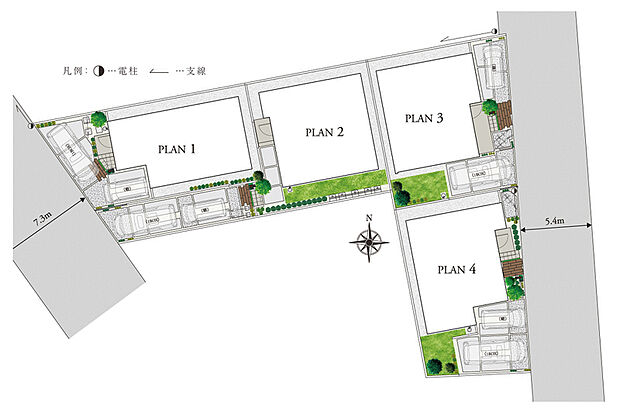 【明るくのびやかな街並みを生み出すゆとりの配棟計画】
ゆとりある110m2超の敷地面積が目を惹き、一部の住まいには庭を確保しました。心地よい開放感や爽やかな明るさを享受できます。