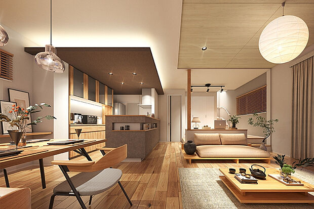 木の温かみと気品をたたえたフローリングに、趣が異なる多彩なアクセントクロスが空間を演出。デザイン性と機能性が同居する水まわりの設備は、家事の時短を叶え、日々の暮らしを快適に。※6号棟完成予想図