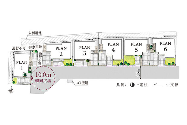 【明るさや広がり、コミュニティを享受できる配棟計画】
2台駐車可能なカースペースを確保し、陽当たりの良さと開放感を演出。街区内道路には転回広場を設け、住まう方同士のコミュニティの形成にも配慮しています。