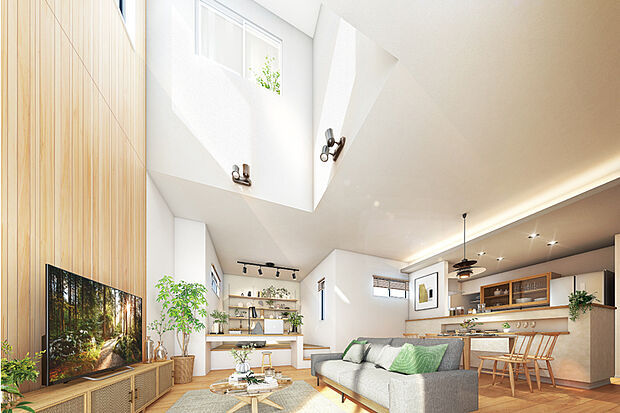 【思い思いに過ごせる家族のくつろぎ空間】
腰掛けるのにちょうど良い高さの小上がり空間「ファミリーラウンジ」を取り入れた住まい。堀机で脚を伸ばしながらリビング学習など自由に過ごせます。※2号棟完成予想図