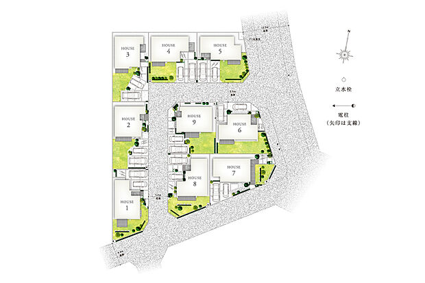 【全邸166m2以上のゆとりある暮らし】
敷地面積を活かしたカースペース2台に加え、全邸にテラスや庭を確保しました。モダンな街並みと四季折々の植栽が調和する、ゆとりある住まいです。