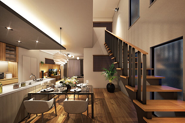 【【開放感あふれる20.7帖の広々LDK】】家族の団らんや憩いの場所となるLDKは広々としたゆとりある空間。段差や遮るもののないフラットな設計で食事や語らいも満喫できます。※1号棟完成予想図