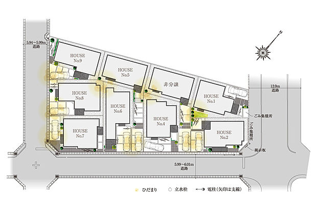 【陽光が包む南ひな壇の全8邸】
現地は南側から緩やかに傾斜のついた地形となっています。この緩やかな南ひな壇の地形を活かし、どの住まいにも自然の光が行き届く配棟計画を実施しました。