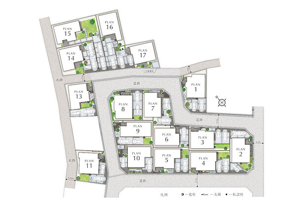 【街を飾り、ふれあいを深めるコミュニティパスが映える配棟計画】
コミュニティパスが回遊性を高める16邸の街。クランク状に通ることで車がスピードを抑制することで安心して歩けます。