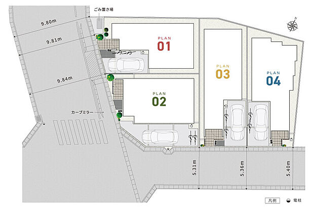 【角地ならではの開放感と明るさがあふれる街並み】
西側と南側に前面道路が通り、アプローチに広がりを創出。洗練された意匠で統一された4邸が、上質な街並みを描き出します。