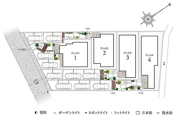 【安心を照らし、灯かりに彩られる街】
奥へと連なる全4邸の配棟計画に、光の導線を設計。アプローチを照らす灯りは帰宅時の安心を支えると同時に、和の趣を纏った小路と調和し、日常に上質な景観をもたらします。