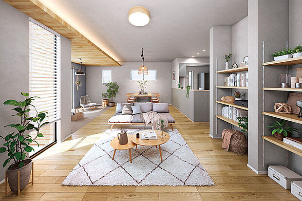 【【家族と程良い距離を保ちながら、自分時間が過ごせる自由なサロ】リビング・ダイニングとつながる開放的な一体空間でありながら、多目的に使えるフラットマルチをご用意。趣味やキッズスペースなど、暮らしの楽しみが広がります。※3号棟LDK完成予想図