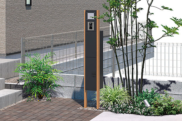 【【宅配ボックス付機能門柱】】不在時でも荷物の受け取りが可能な宅配ボックス付の門柱なので、安心してお買い物など外出することがきます。また、街並みと調和する高いデザイン性も備えています。※完成予想図