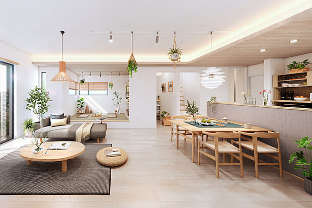 【【MULTI CORNER】】リビングと段差でさりげなく仕切ったマルチコーナーのあるプラン。読書や趣味などはもちろん、LDKから目が届くので子どもの遊び場にもぴったりです。※3号棟LDK完成予想図