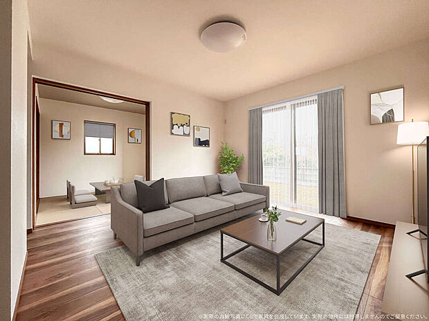 【7号棟　LDK　CG家具設置イメージ】
※画像に含まれる家具家電はCGで作成したイメージです。実際の物件には付帯しません。