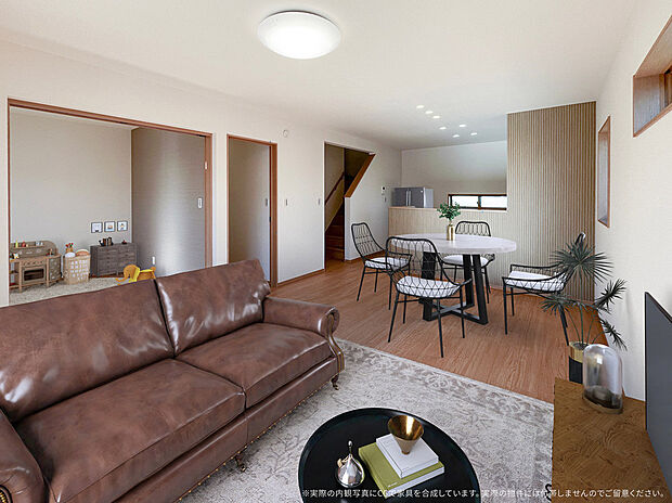 【2号棟LDK CG家具設置イメージ】
※画像に含まれる家具家電はCGで作成したイメージです。実際の物件には付帯しません。