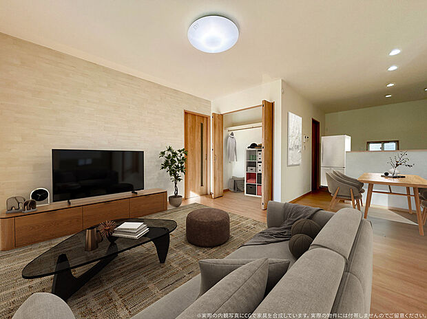 【１号棟LDK　CG家具設置イメージ】
スペースごとに区切られているので家具の配置にメリハリがついて、ゆったり過ごせますね♪
※画像内の家具家電はCGで作成したイメージです。実際の物件には付帯しません