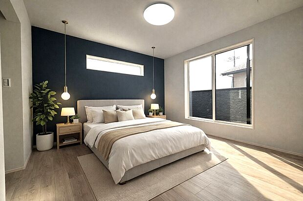 【4号棟主寝室　CG家具設置イメージ】
※画像に含まれる家具家電はCGで作成したイメージです。実際の物件には付帯しません。