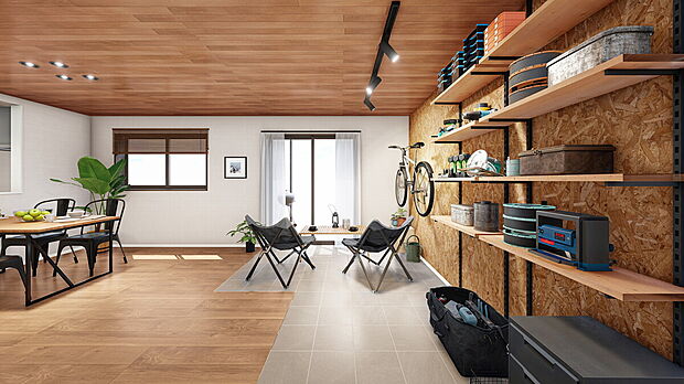 【【アウトドアを楽しむ家　施工イメージ】】タイルの床にOSB合板の壁。耐久性の高い二種類の素材を組み合わせることで、遊び心のあるアクティブさを演出したリビング。
※画像はイメージです
