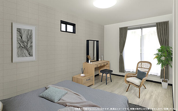 【【2号棟 主寝室イメージパース】】8帖のゆったり主寝室。
ウォークインクローゼット付きで収納もラクラク♪
※パースは設計図面を基にした完成予想図です。